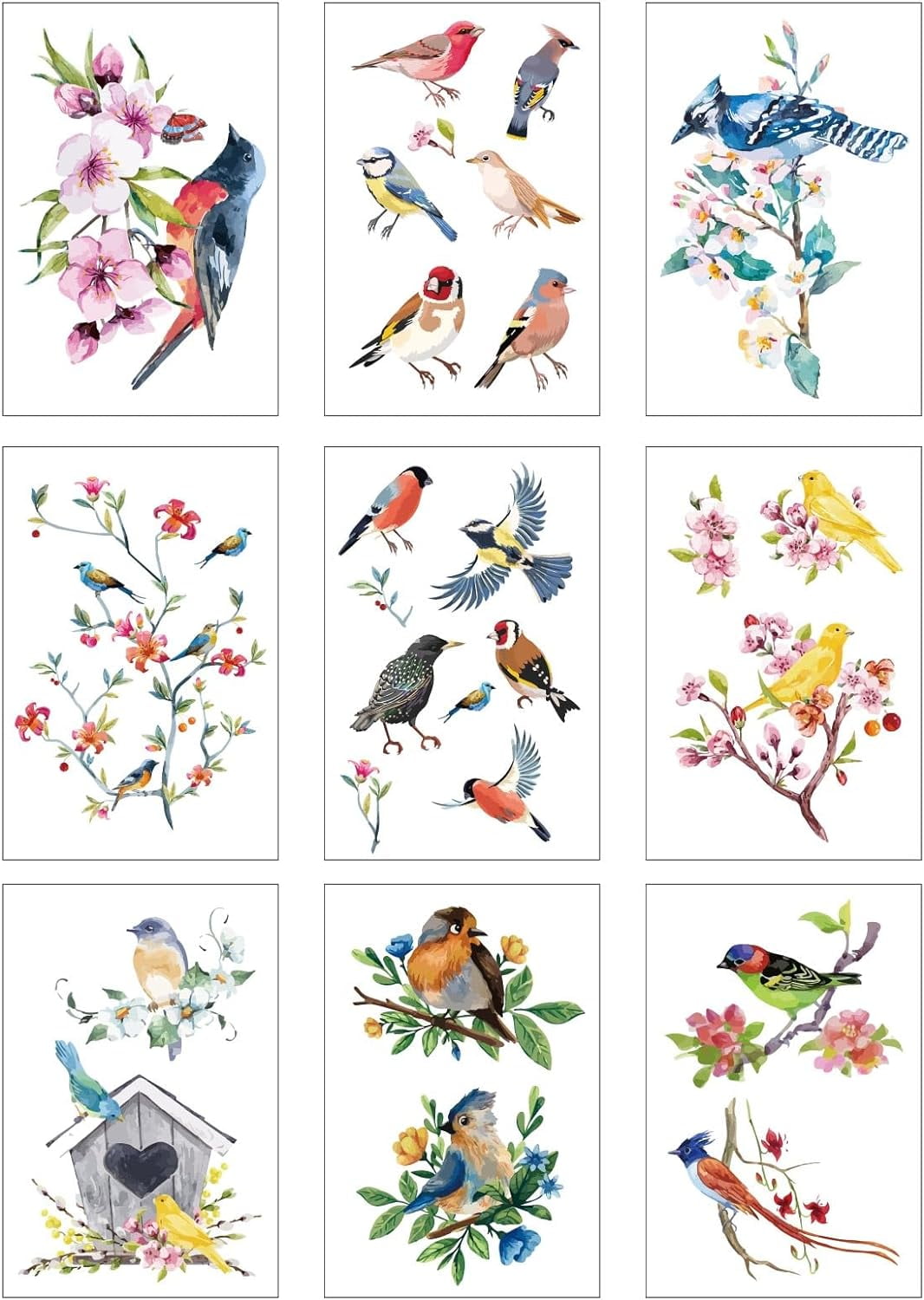9 Sheets Spring Summer Window Clings Bird Tree Branch Flower Window Stickers Decals Waterproof for Glass Window Doors Stairway Wall Fridge Mirror Garden Home Decorations 12x7.6Inch