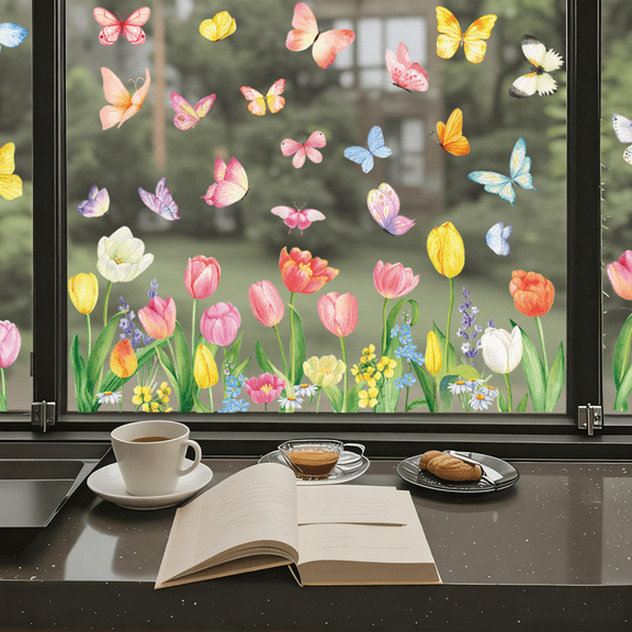 9 Sheets Spring Window Clings, Watercolor Butterfly & Floral Stickers, Reusable Static Cling Glass Decals for Home, Office, Shop, Mirror Decoration, 7.87 x 11.81 Inch