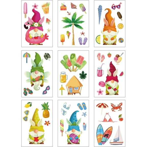 9 Sheets Summer Gnome Window Clings Hawaii Window Stickers Decals Ice Cream Beach Tropical Pool Pineapple Waterproof for Glass Window Doors Wall Mirror Home Party Decorations 12x7.6Inch