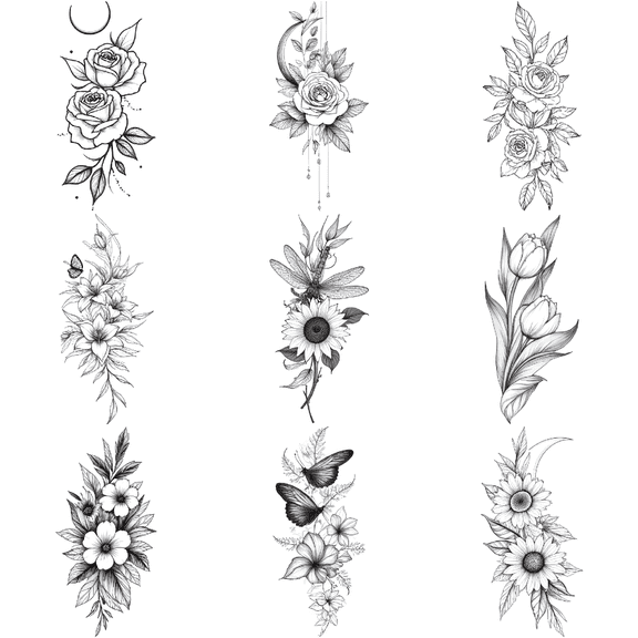 9 Sheets Temporary Tattoo Stickers Waterproof Long Lasting Body Stickers Floral Rose Butterfly Peony Flowers Adult Women Tattoo Decals for Arm Leg Thigh Back Shoulder