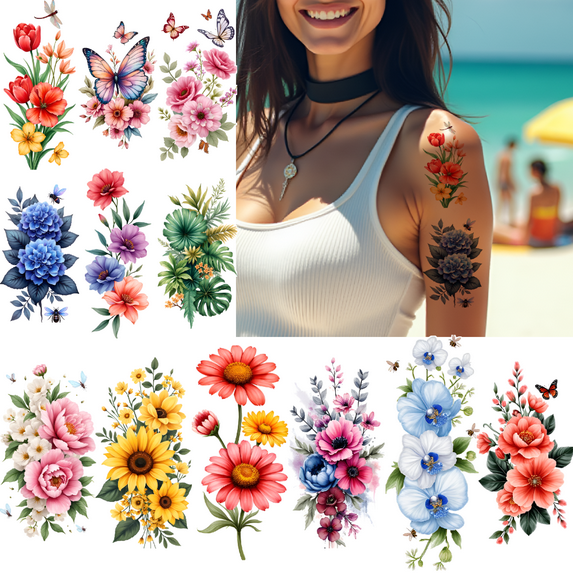 9 Sheets Temporary Tattoos Waterproof Long Lasting Body Stickers Floral