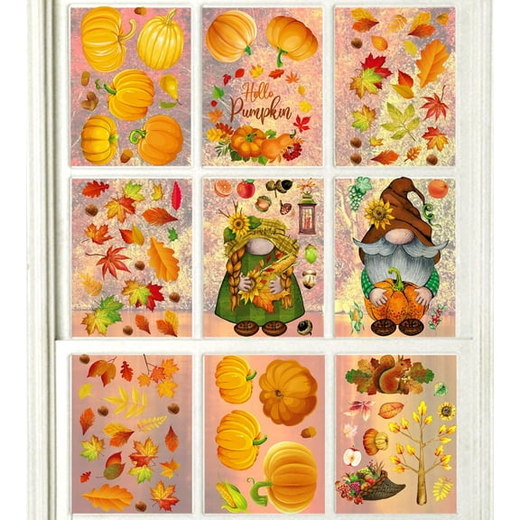 9 Sheets Thanksgiving Day Decorations Window Clings Stickers Fall Maple Gnome Yellow Halloween Pumpking Window Decals Stickers for Thanksgiving Fall Halloween Party Ornaments