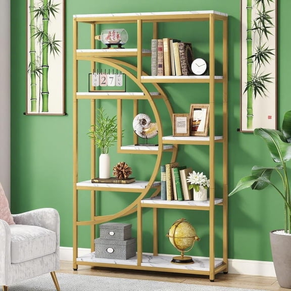 9-Shelf Gold Metal & White Marble Etagere Bookcase, Modern Geometric Display Storage Cabinet for Living Room, Office