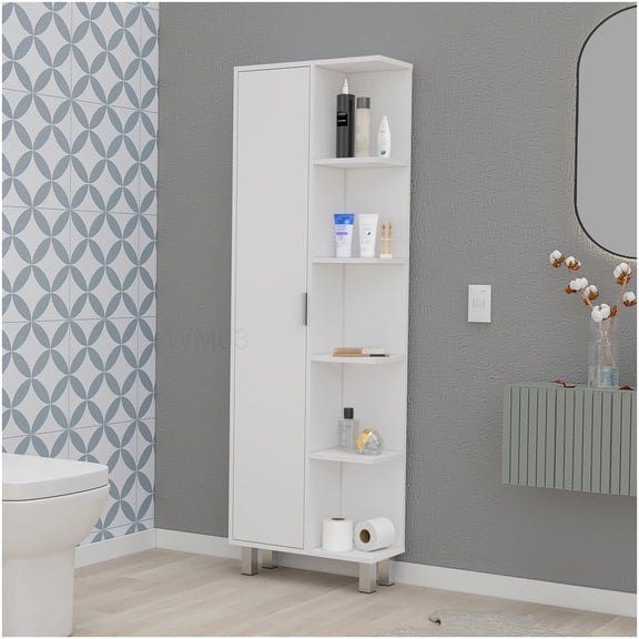 9-Shelf White Bathroom Storage Cabinet, Freestanding Wood Linen Locker for Bathroom Organization