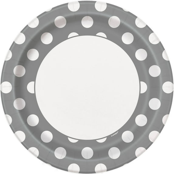9" Polka Dot Paper Dinner Plates, Silver, 8ct