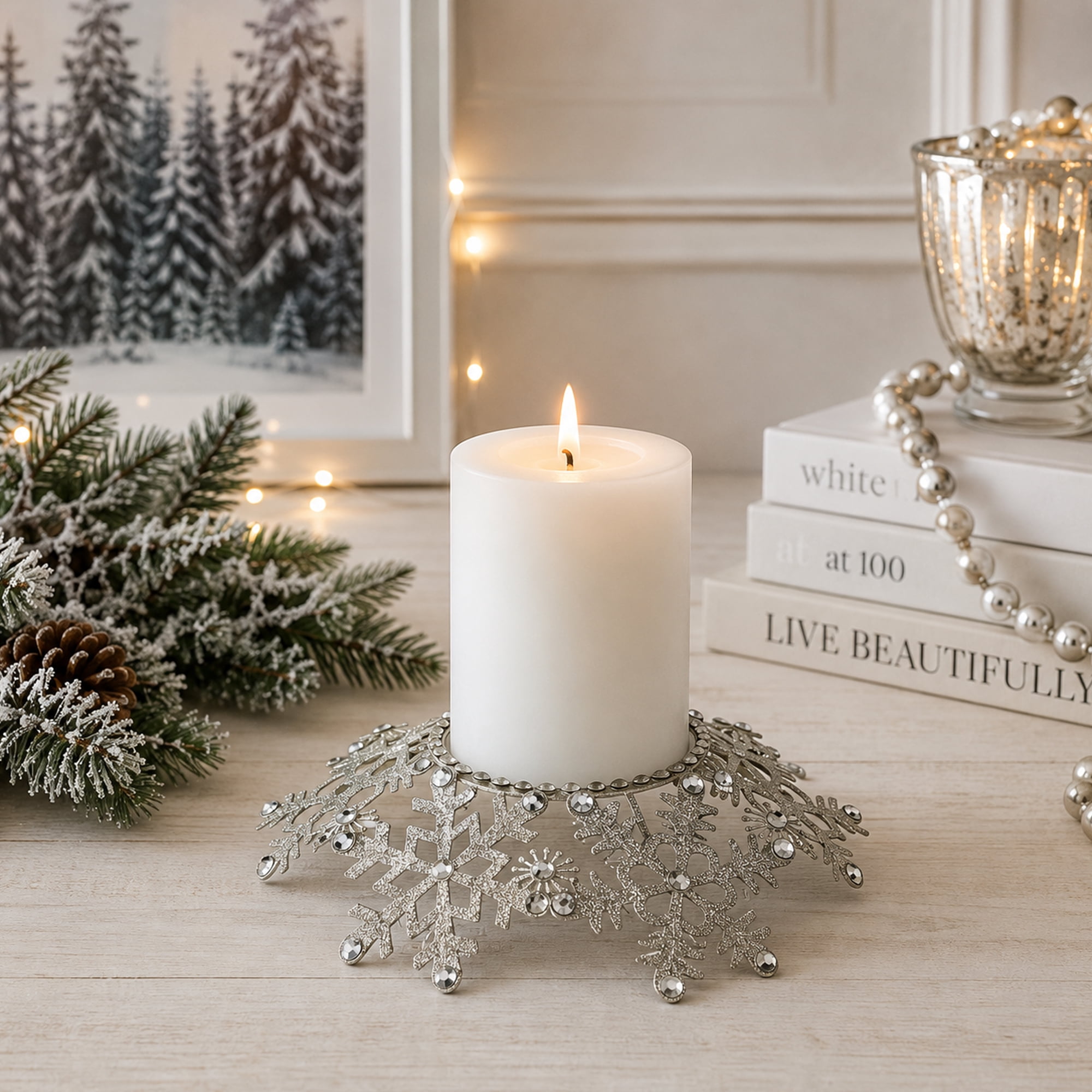 Melrose 9" Snowflake Glittered and Jeweled Christmas Pillar Candle Holder - Silver