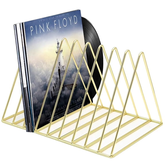 9 Slot Record Holder,Desktop Vinyl Record Storage Holds Up 30 LPs,Metal Magazine Holder Triangle File Holder for Office Homer,Golden