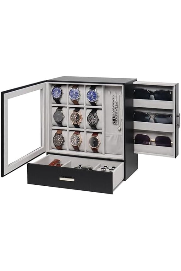 9-Slot Watch Box, Mens Jewelry Box with Glass Lid and Drawer, Leather Watch Organizer for Watches, Sunglasses, Vertical Watch Case Holder for Men Women, Gift Idea