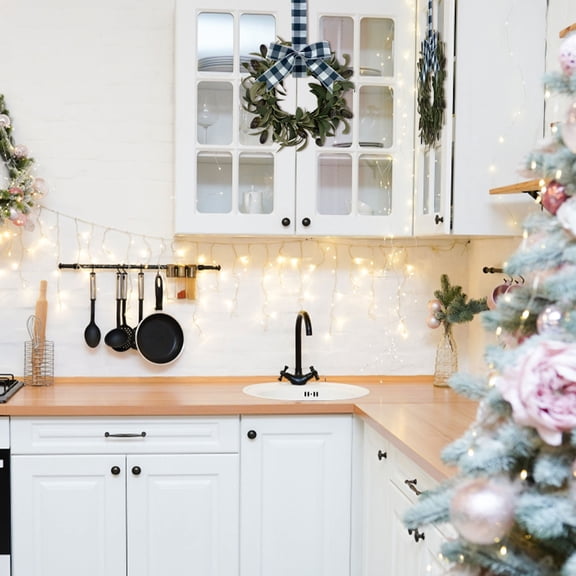 9" Small Farmhouse Wreath with Lights, Artificial Faux Eucalyptus Spring Wreath with Bow, Mini Kitchen Cabinet Wreath for Front Door Porch Wall Window Easter Decor