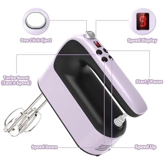 9-Speed Digital Hand Mixer Electric, 400W Powerful DC Motor, Hand Mixer Electric Handheld with Snap-On Storage Case, 5 Stainless Steel Accessories, Beaters, Dough Hooks, Whisk(Purple/Black)