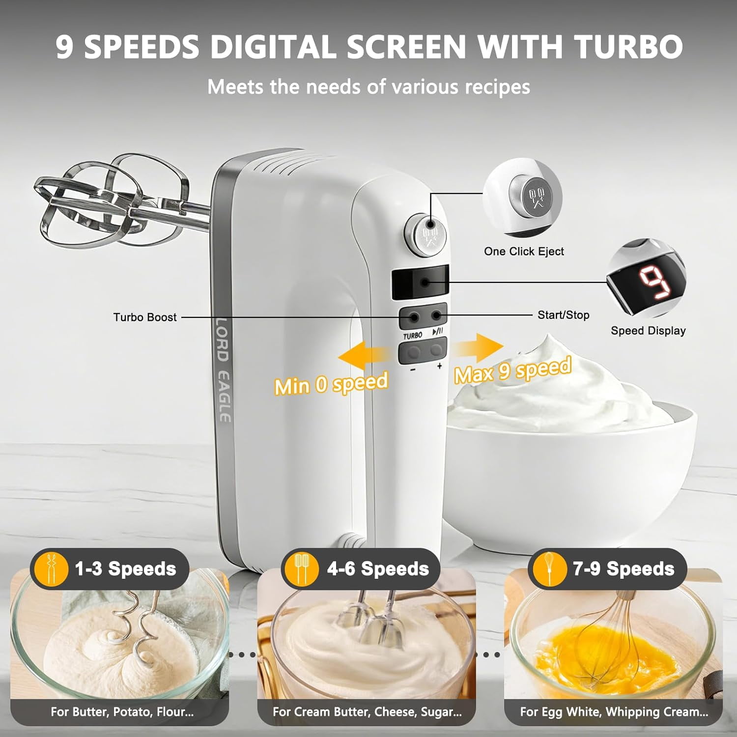 9-Speed Digital Hand Mixer with 500W Motor, Lightweight Electric Beater for Cake Baking, Includes 6 Accessories and Waterproof Storage Bag