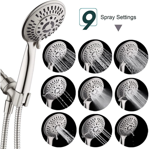 9 Spray Settings Handheld Shower Head Set with Suction Shower Head Holder, Brushed Nickel