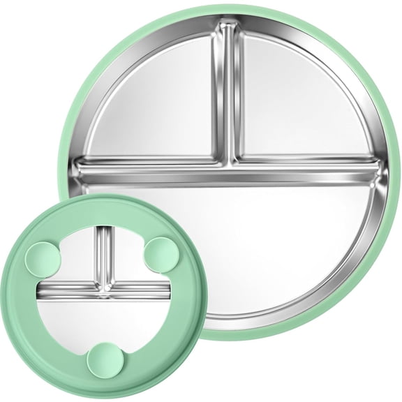 9” Stainless Steel Kids Plate with Suction - Divided Toddler Baby Plates with Silicone Sleeves Non-Slip 2-in-1 Anti Breakage Metal Toddler Bowls Microwave Dishwasher Safe