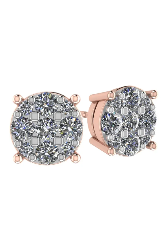 9 Stone Lab Created CVD Diamond Cluster Stud Earrings - 14K Gold Post & Sterling Silver - 5mm-24ctw-Rose-Threaded