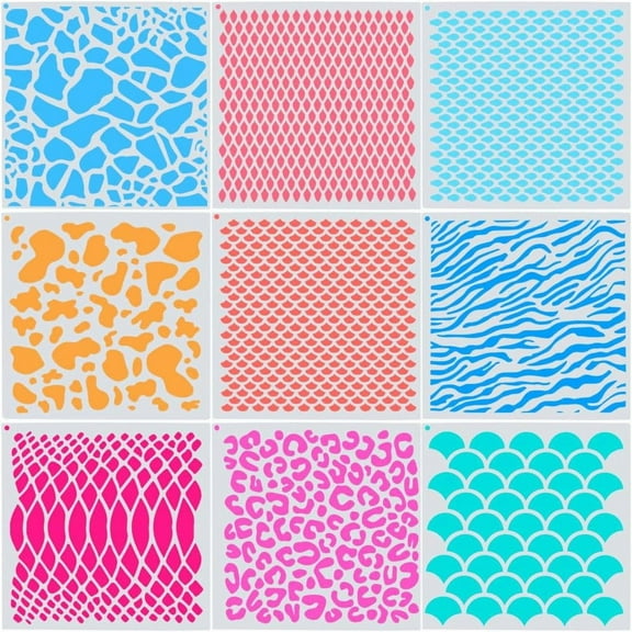 9 Styles 15x15cm Animal Skin Print Stencils Leopard Cow Fish Scale Tiger Print Templates Reusable Washable Plastic Square Painting Stencils Sign for Wood Floor Fabric Scrapbook