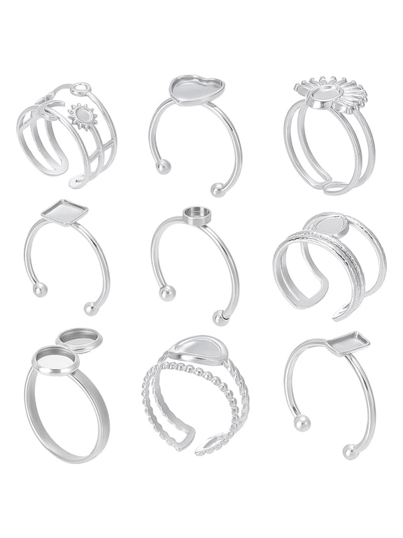 9 Styles 304 204 Stainless Steel Adjustable Blank Rings for Jewelry Making 16.9-19mm Blank Ring Bezels Components Findings Flat Finger
