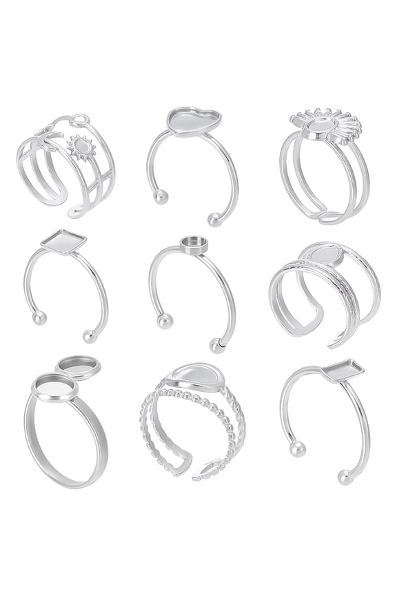 9 Styles 304 204 Stainless Steel Adjustable Blank Rings for Jewelry Making 16.9-19mm Blank Ring Bezels Components Findings Flat Finger