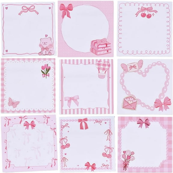 9 Styles 450 Sheets Sticky Notes Set Pink Self Stick Notes Bulk 3 X 3 Inch Square Cute Kawaii Cartoon Sweet Bowknot Flower Cherry Sticky Pads