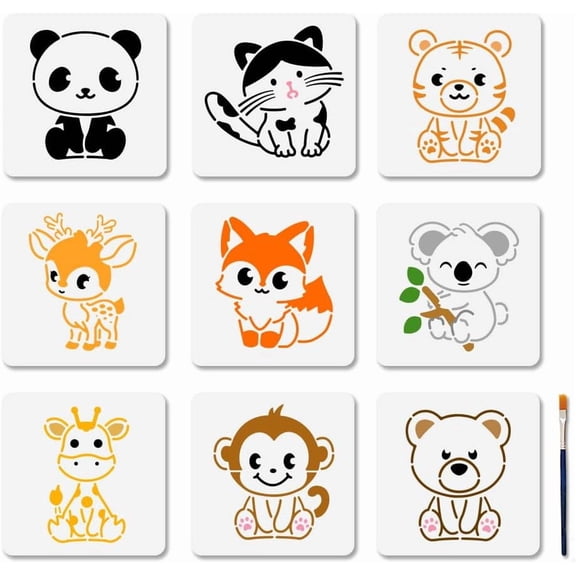 9 Styles Cartoon Animal Stencils 7.8x7.8inch Cute Panda Fox Bear Koala Deer Cat Stencil for Craft Small Animals Painting Templates with Paint Brush for Floor Wall Tile Fabric Furniture for DIY