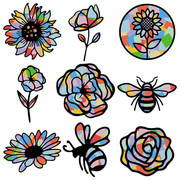 9 Styles Flower Paper Suncatcher Kit Floral Bee Stained Window Glass Effect Paper Suncatcher Decal with 100Pcs 10 Colors Craft Tissue Paper DIY Window Decoration for Art Classroom Party DIY