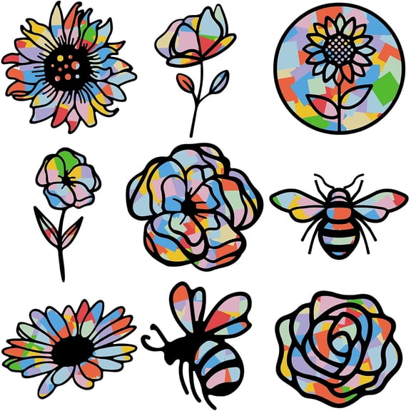 9 Styles Flower Paper Suncatcher Kit Floral Bee Stained Window Glass Effect Paper Suncatcher Decal with 100Pcs 10 Colors Craft Tissue Paper DIY Window Decoration for Art Classroom Party for DIY