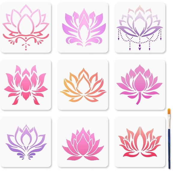 9 Styles Lotus Flower Stencils Water Lily Stencil 7.8x7.8inch Lotus Stencil for Painting with Paint Brush Nature Plant Templates for Craft on Window Wood Wall Home Decor Mixed Color