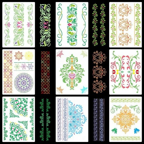9 Styles Mandala Border Stencils 28x21cm Flower Vine Stencil Floral Edge Templates Reusable Corner Stencils for Painting on Furniture Wall Tile Floor Wood Canvas Scrapbook DIY Craft Decor