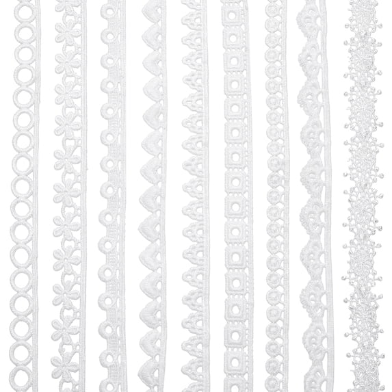 9 Styles Pattern Lace Trims 21 Yards Polyester Embroidery Flower/Heart/Ring/Square Pattern Lace Ribbon 11~21mm Wide White Fabric Trim