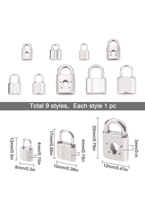 9 Styles Silver Lock Charms Stainless Steel Padlock Pendants Mini Hollow Key Hole Lock Metal Charm