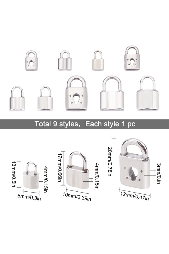 9 Styles Silver Lock Charms Stainless Steel Padlock Pendants Mini Hollow Key Hole Lock Metal Charm