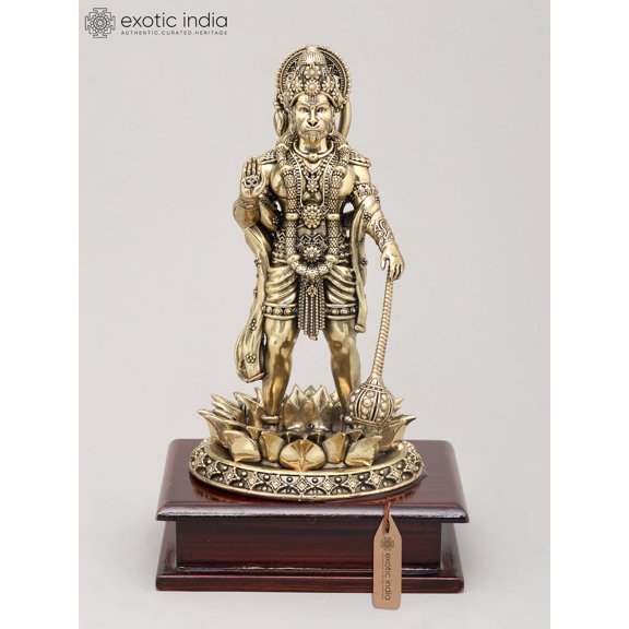 9" Superfine Idol of Lord Hanuman Standing on Wood Base with Mace | Brass Statue