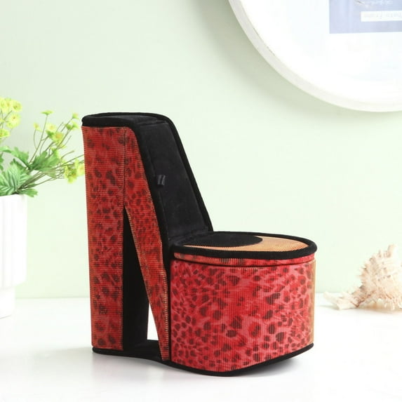 9" Tall Display Jewelry Box, Leopard Print, High Heel Shoe Design with Hidden Storage