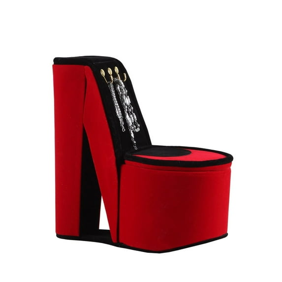 9" Tall Display Jewelry Box With Hooks, High Heel Shoe Design, Red Velvet