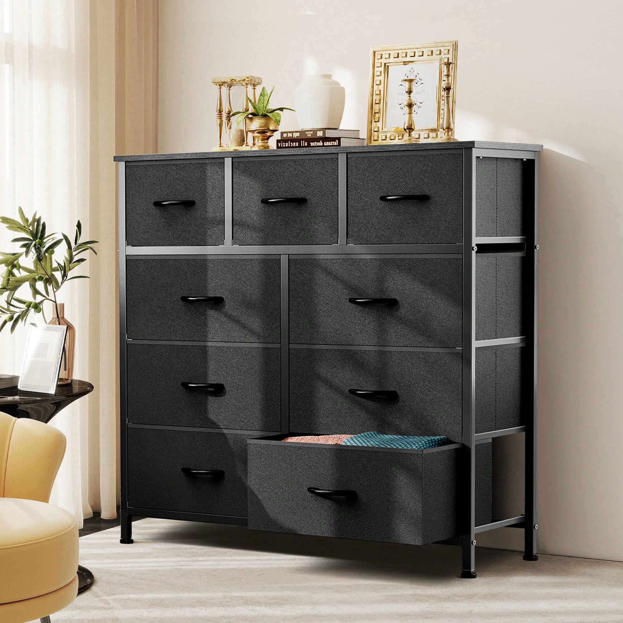 9 Tall Fabric Clothes Cabinet Storage Organizers And Wood Top Surface