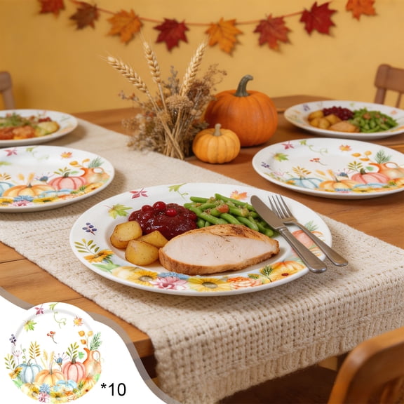 9 in Thanksgiving Decorative Plates, Maple Leaf Pumpkin Printed Paper Tableware, Disposable Autumn Party Dinner Plates, Festive Gathering Table Decor, Waterproof Party Supply for Celebration(10PC)