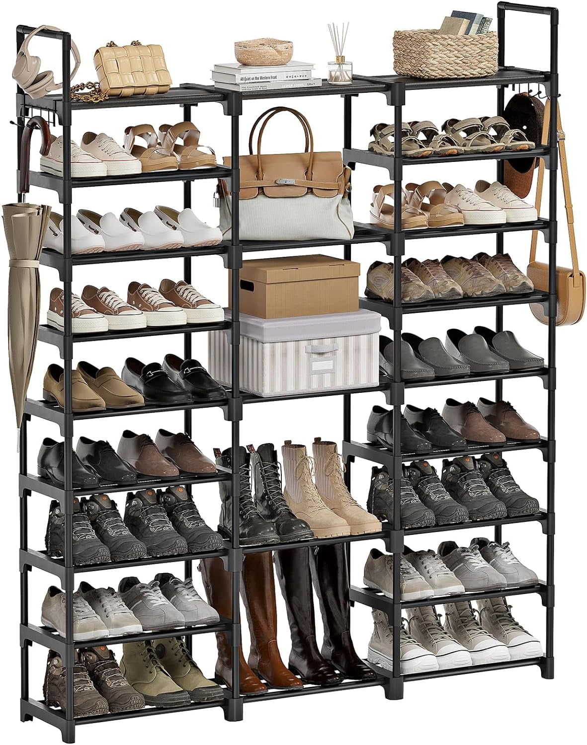 9 Tier 3-Column Shoe Rack, Stackable Black, 50-55 Pairs, 50in Long ...