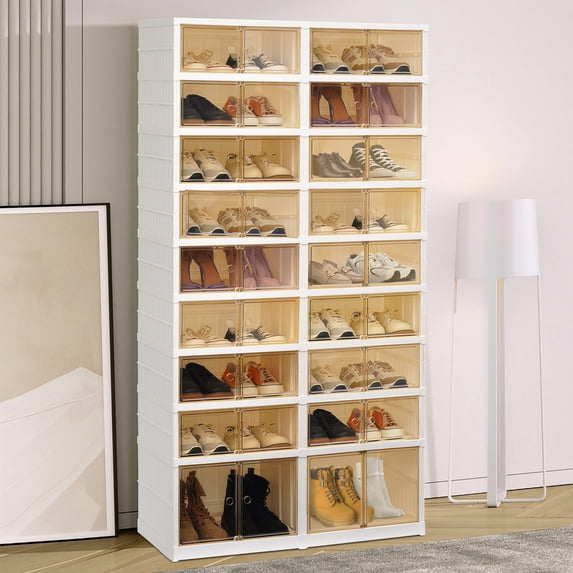 9-Tier 36 Pairs Foldable Shoe Rack Organizer, HONEIER Large Plastic Shoes Organizer with Magnetic Door Collapsible Shoes Storage Box Shoe Cabinet Easy Assembly 66"H x 13"W x 34"L