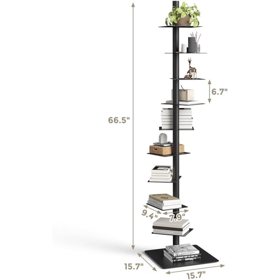 9-Tier Adjustable Metal Spine Bookshelf, Tall & Narrow Vertical Ladder Bookcase, Space-Saving Corner Storage, Multipurpose Display Shelf, Tool-Free Assembly, Black