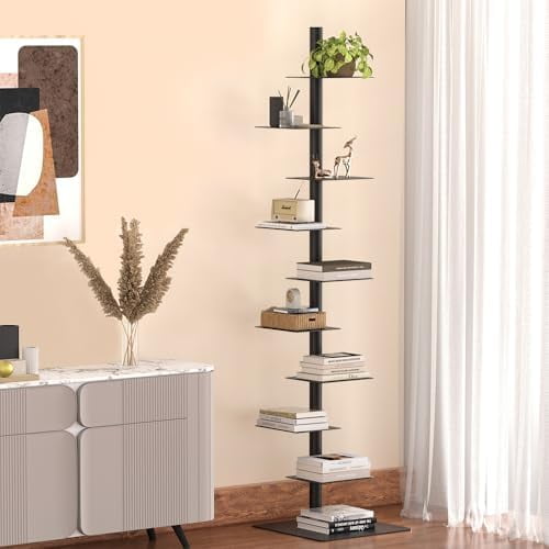 9-Tier Adjustable Metal Spine Bookshelf, Tall & Narrow Vertical Ladder Bookcase, Space-Saving Corner Storage, Multipurpose Display Shelf, Tool-Free Assembly, Black$$Home Decor, Kitchen, & Other