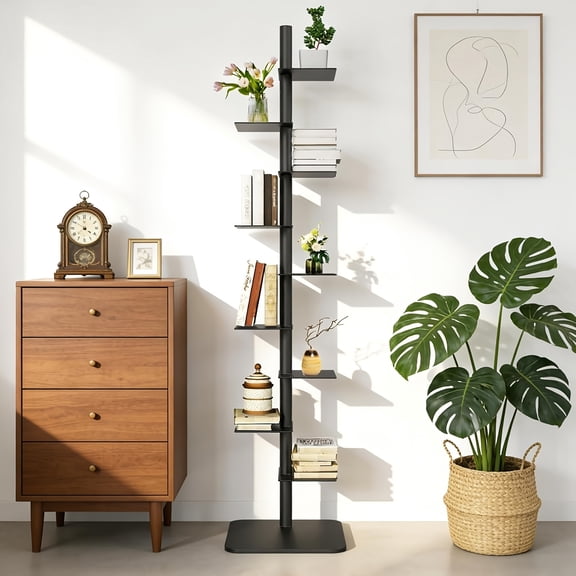 9-Tier Adjustable Metal Spine Bookshelf Tower, Floor Standing Corner Book Organizer for Study, Living Room, Office, and Bedroom in Black