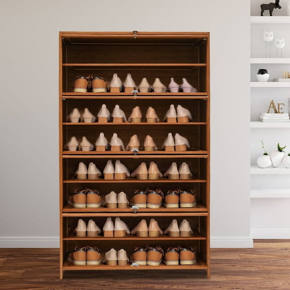 9-Tier Bamboo Shoe Cabinet with Flip Doors, 55" Tall Large Capacity Shoe Rack for Entryway, Dustproof Storage Organizer for Boots Sneakers Heels, Freestanding Wooden Shoe Shelf
