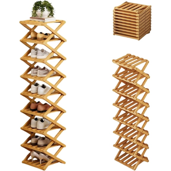 9-Tier Bamboo Shoe Rack, Folding Vertical Narrow Bamboo Shoe Rack, Space Saving for Entryway, Closet adn Corner