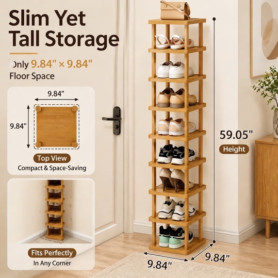 9 Tier Bamboo Shoe Rack, Tall Vertical Shoe Storage Organizer for Entryway, Closet and Apartment, Holds Up to 9 Pairs