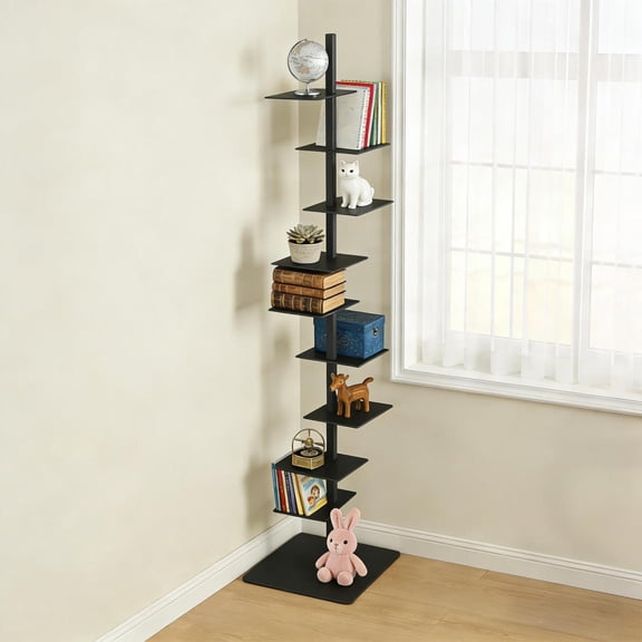 9 Tier Bookshelf with Drawer, Tree Bookshelf, Small Bookshelves with Storage Rack for CDs/Movies/Books, Standing Book Shelf, Tall Narrow Bookcase for Living Room, Bedroom