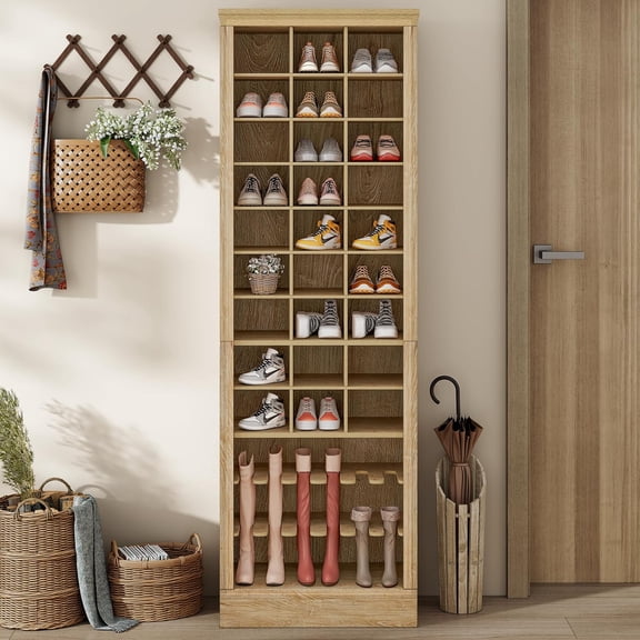 9 Tier Cube Shoe Rack Organizer with 27 Shoe Cubbies, 74.9'' Freestanding Shoe Closet Shelf Organizer with Open Storage for Boot, Entryway, Mudroom, Light Brown