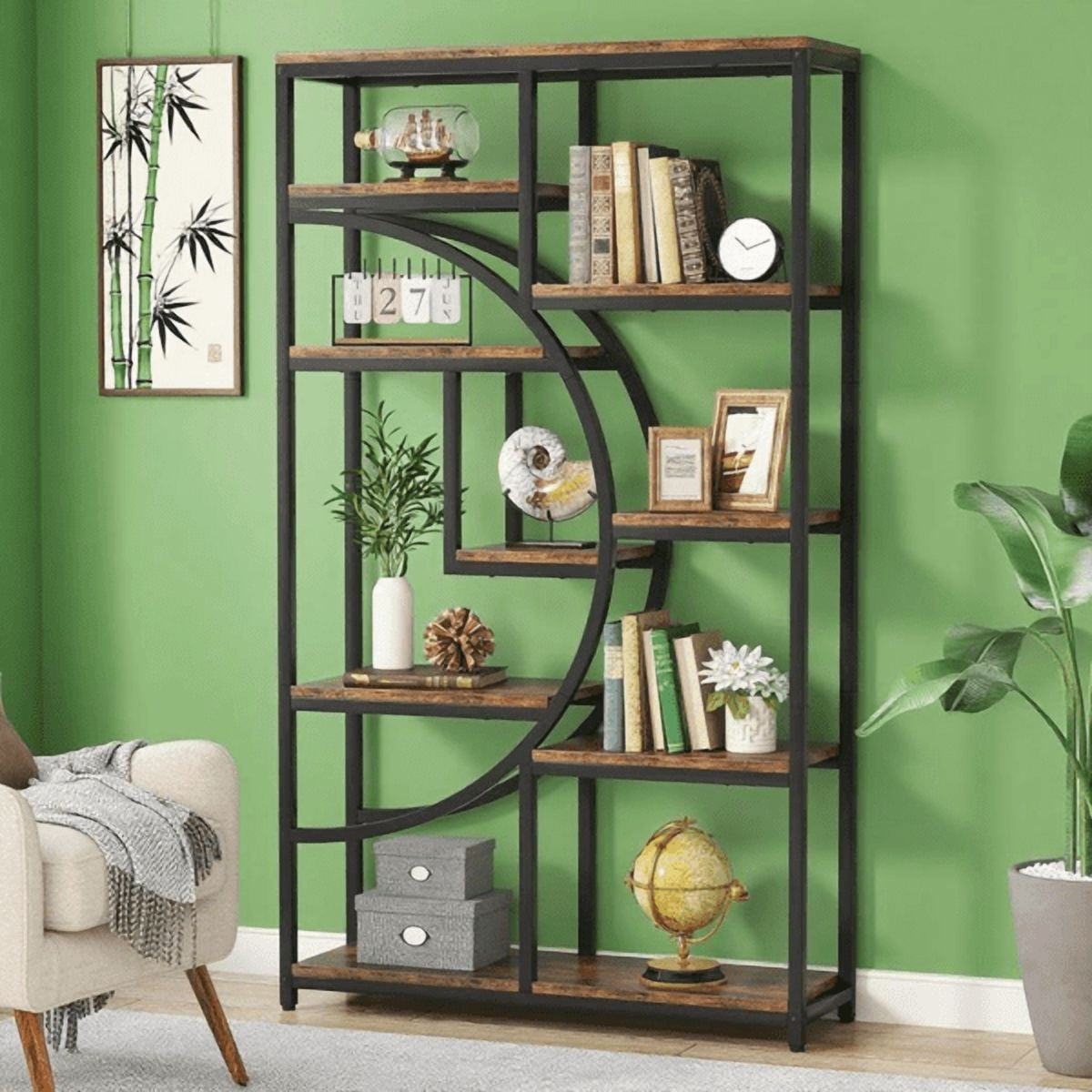 9-Tier Etagere Bookcase, Black Metal Frame with Rustic Brown Boards, Half-Moon Silhouette, Industrial Style for Living Room/Home Office
