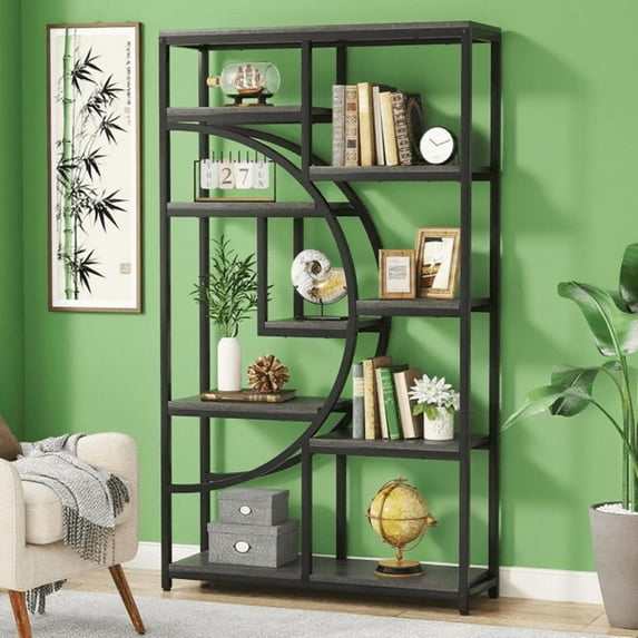 9-Tier Etagere Bookcase, Black Metal Frame with Rustic Gray Boards, Half-Moon Silhouette, Industrial Style for Living Room/Home Office
