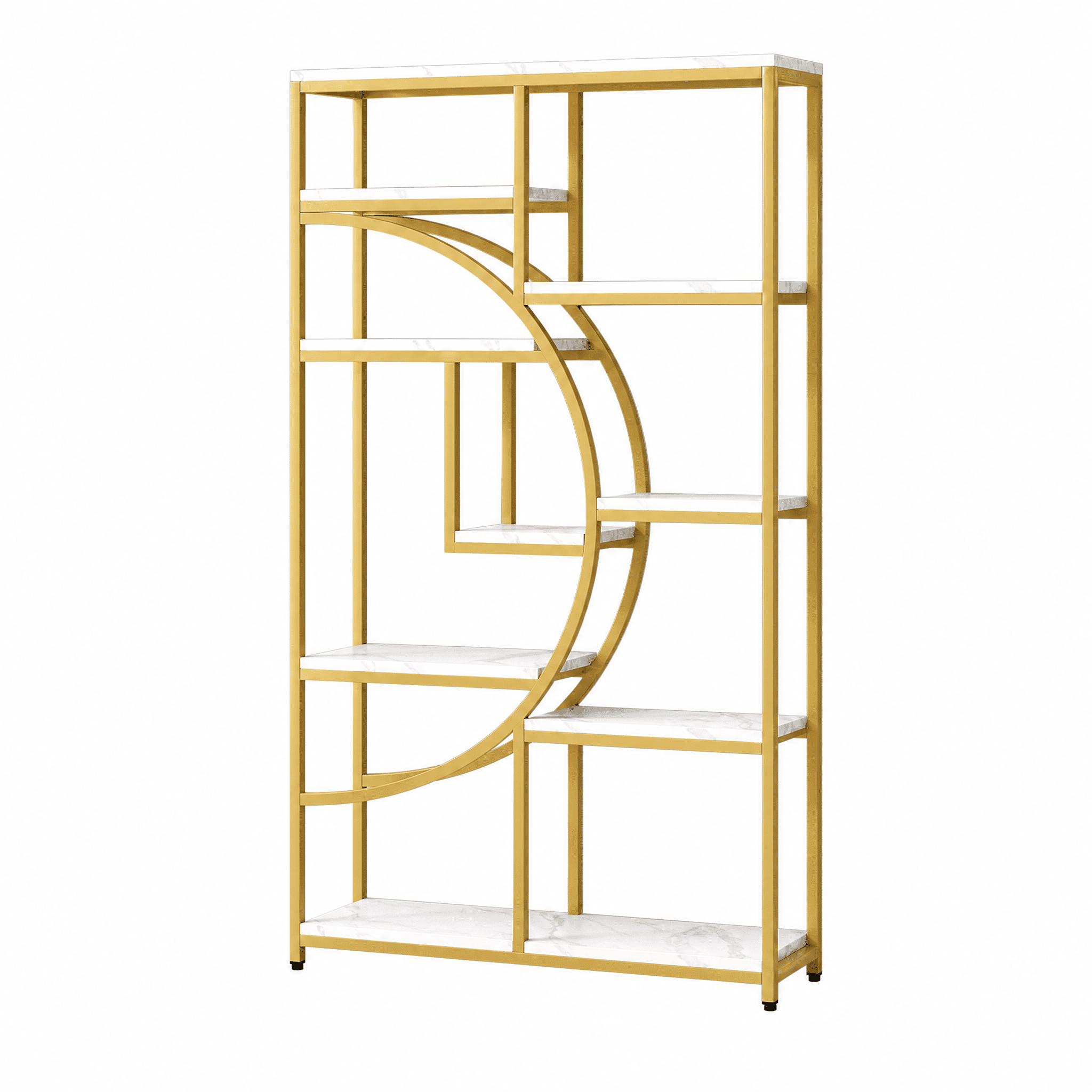 9-Tier Etagere Bookcase, Gold Metal Frame with White Marbling Boards, Half-Moon Silhouette, Industrial-Chic Design for Living Room/Home Office