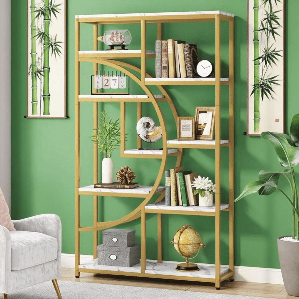 9-Tier Etagere Bookcase, Gold Metal Frame with White Marbling Boards, Half-Moon Silhouette, Industrial-Chic Design for Living Room/Home Office