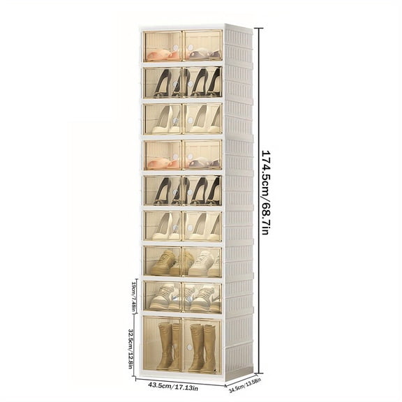 9-Tier Folding Shoe Cabinet with Transparent Shelves: Space-Saving Heavy-Duty Plastic Stackable Rack for Apartments, Dorms, Entryways - Assembly Required.